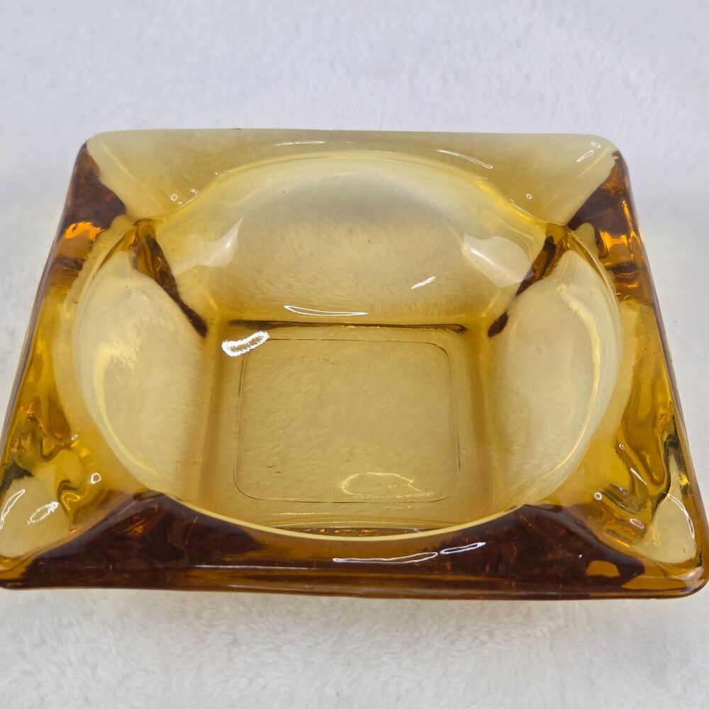 Vintage Amber Glass Ashtray Square 4.75" x 4.75" Mid Century Modern Retro - Picture 6 of 10